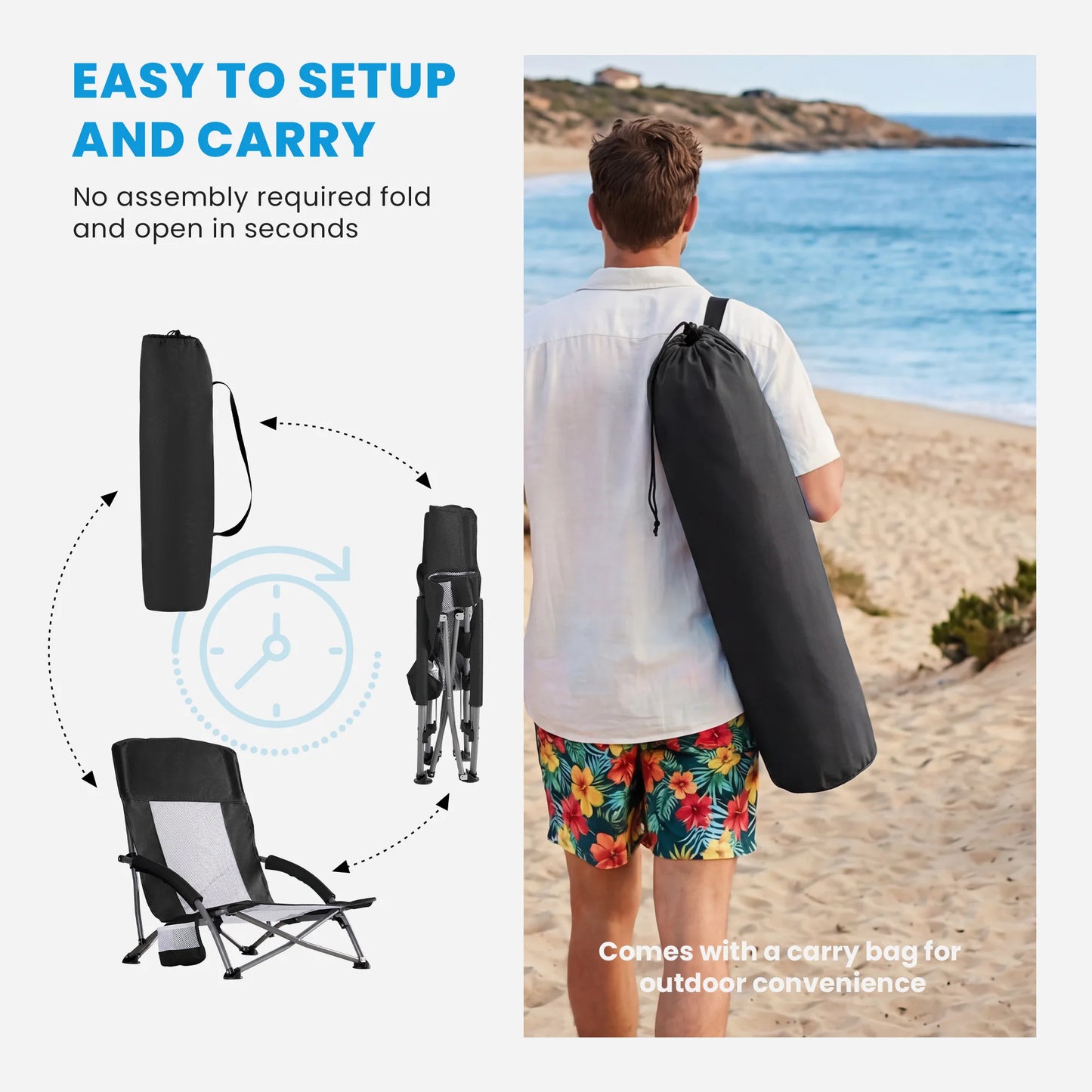 MCQ Outdoor Folding Low Beach Chair Collapsible Padded with Cup Holder Storage Bag Mesh Back Portable Camping Chair for Garden