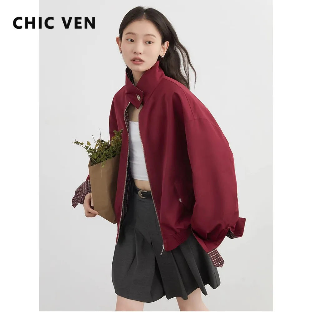 CHIC VEN Women Jackets Casual Reversible Stand Up Collar Workwear Female Coat Spring Autumn 2026 Woman Ourterwear