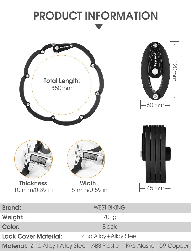 WEST BIKING Anti-Theft Bicycle Folding Lock MTB Road Bike Portable Lock Scooter Ebike Motorcycle Safety Lock Cycling Accessories
