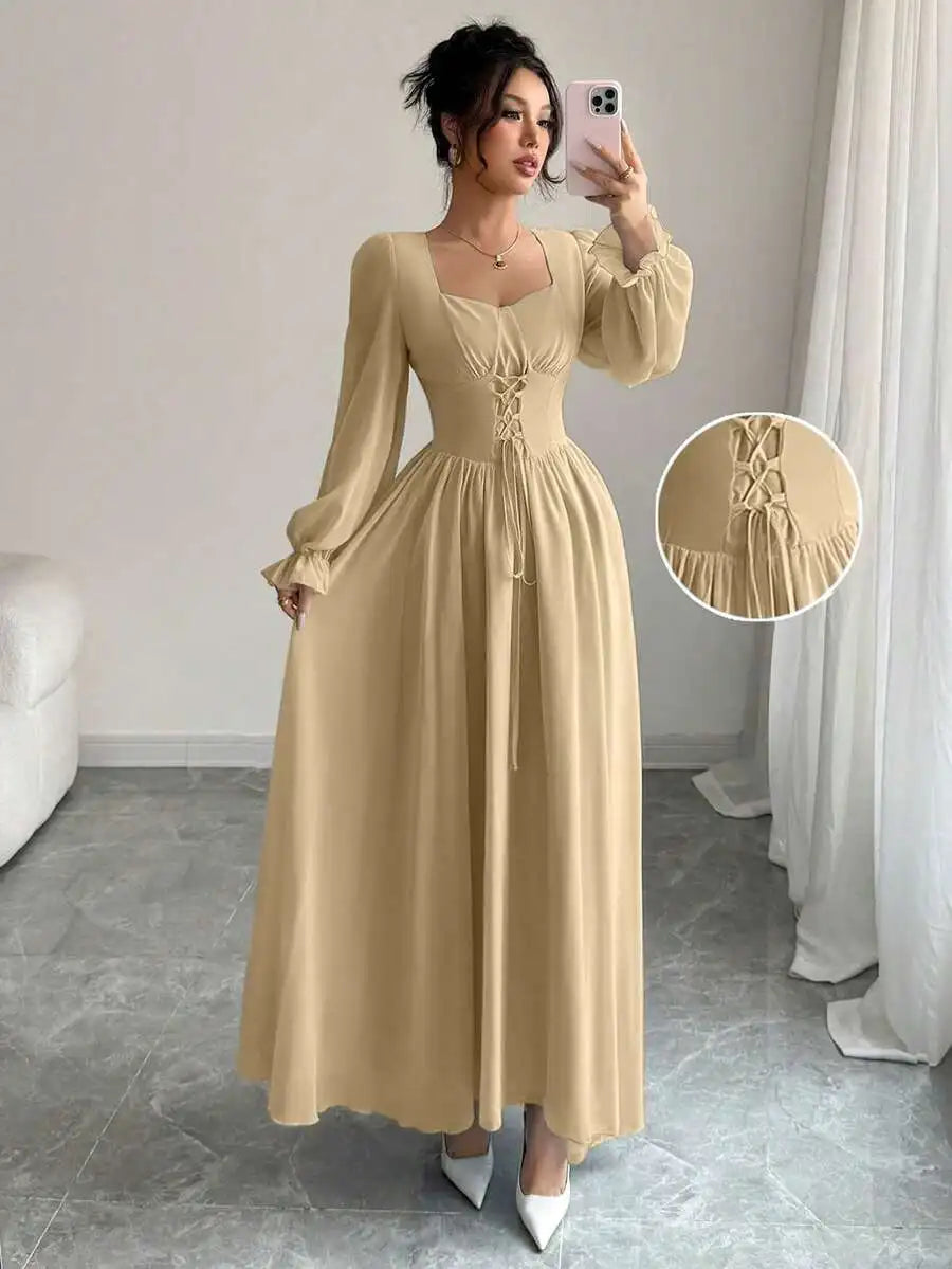 Elegant Blue Long Sleeve Maxi Dress with Corset Lace-Up Waist, Square Neck, Ruffled Cuffs for Spring Summer Events