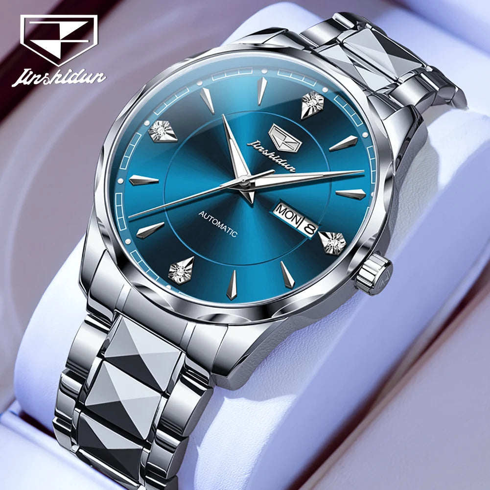 JSDUN High End Men's Watches Auto Calendar Week Tungsten steel Sapphire Mirror Automatic Mechanical Watch for Men Luxury Brand