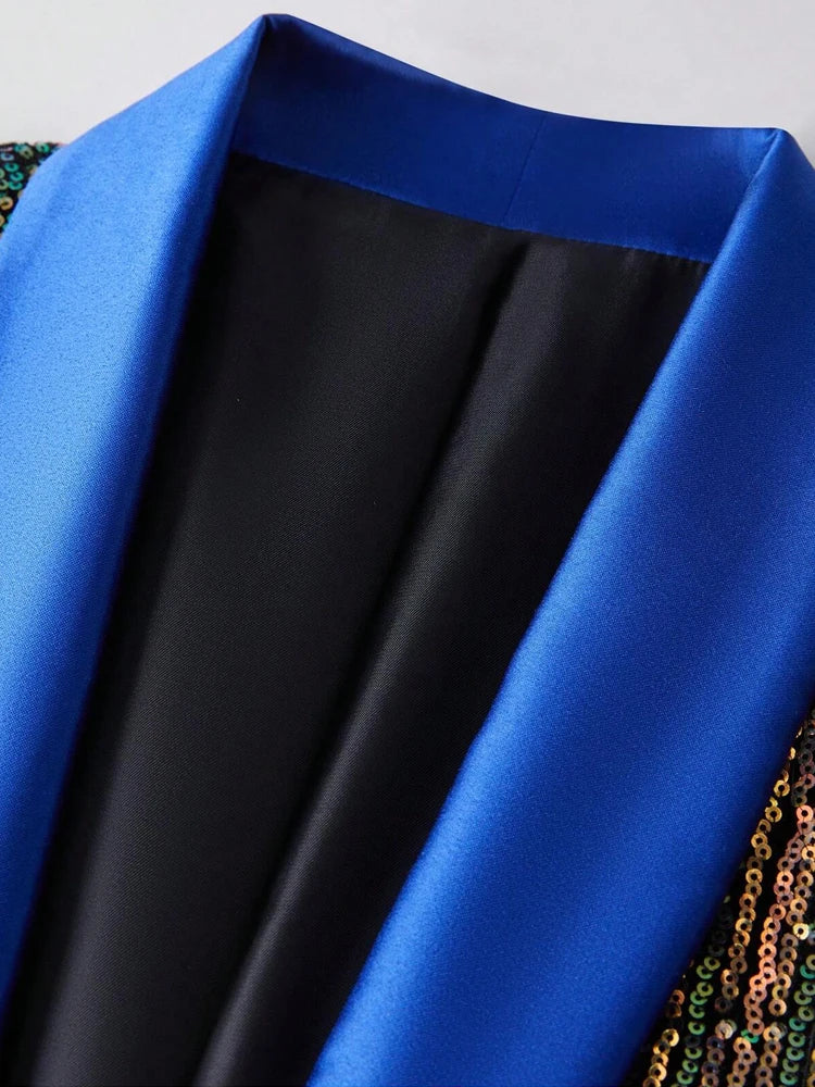 Shiny Sequins One Button Blue Lapel Suit Jacket Blazer for Dinner Prom Party Wedding