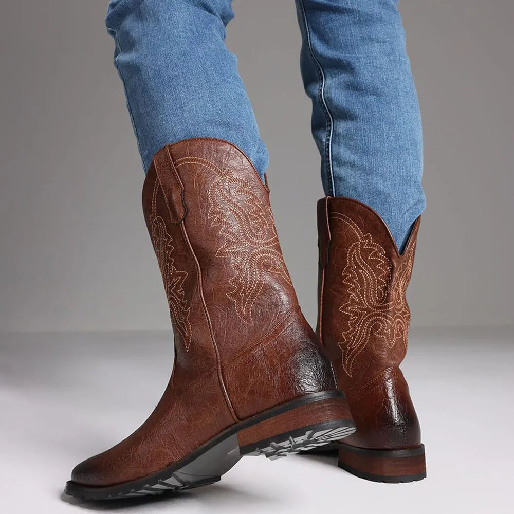 DoraTasia Plus size 12.5 New Fashion Retro Square Toe Neutral Cowboy Boots Luxury Embroidered Concise Pull-on Western Boots