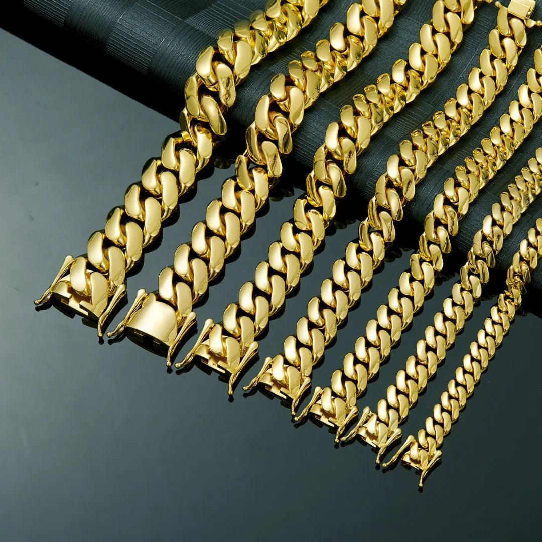 14-22mm Hip Hop Bling Gold Color Stainless Steel Dense Cuban Miami Link Chain Necklaces 14k Gold-plated for Men Rapper Jewelry