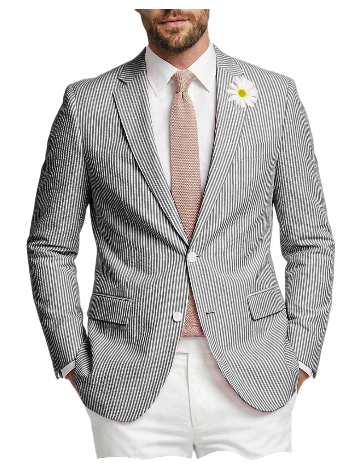 Men's Striped Seersucker Blazer Notch Lapel Slim Fit Suit Jacket Summer Lightweight Business Casual Sport Coat for Wedding Party