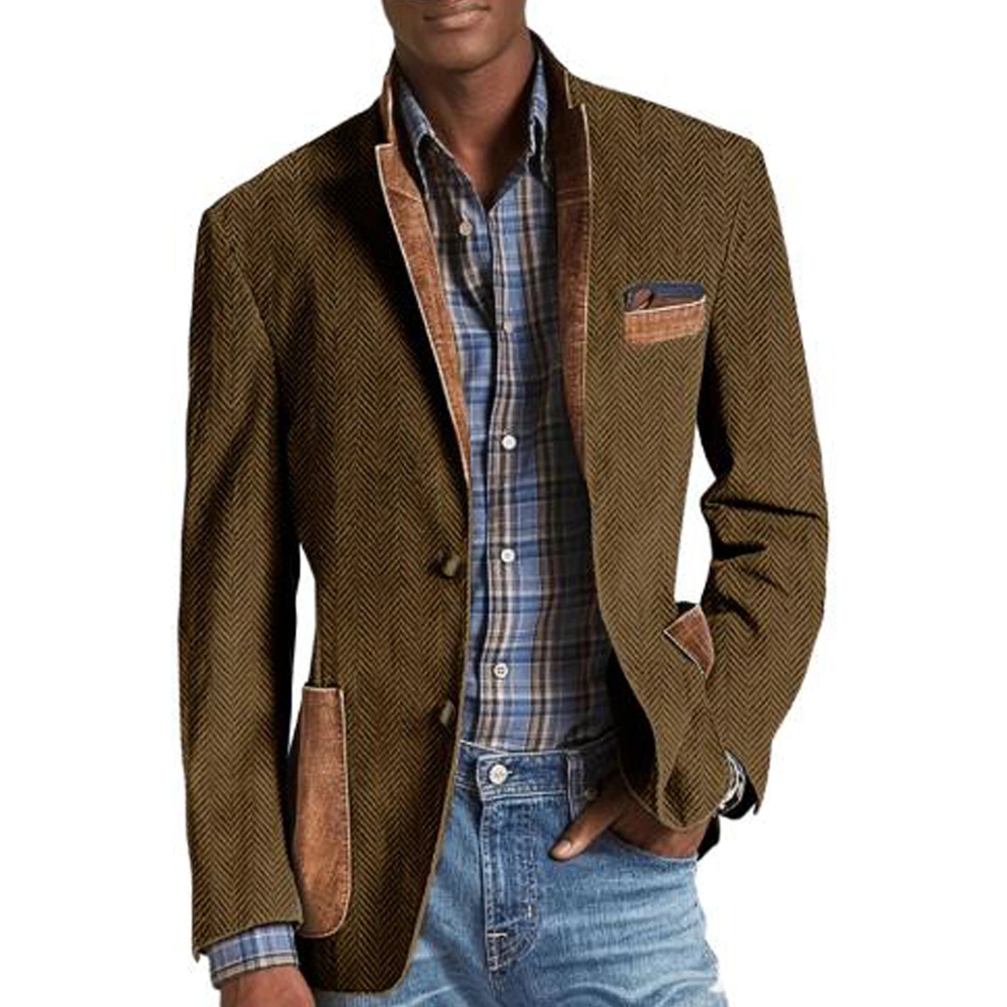 Vintage Men's Herringbone Blazer Casual Patchwork Suede Trim Notched Collar Suit Jacket Slim Fit Fashion Business Sport Coat