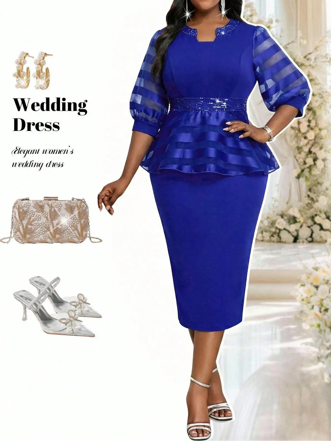 Elegant Plus Size Office Dress With Peplum Waist And Mesh Sleeves