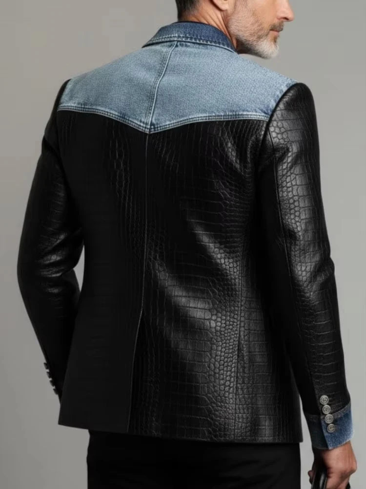Men's Blazer Luxury Crocodile Embossed Leather Patchwork Denim Suit Jacket Notched Lapel Western Cowboy Party Casual Streetwear