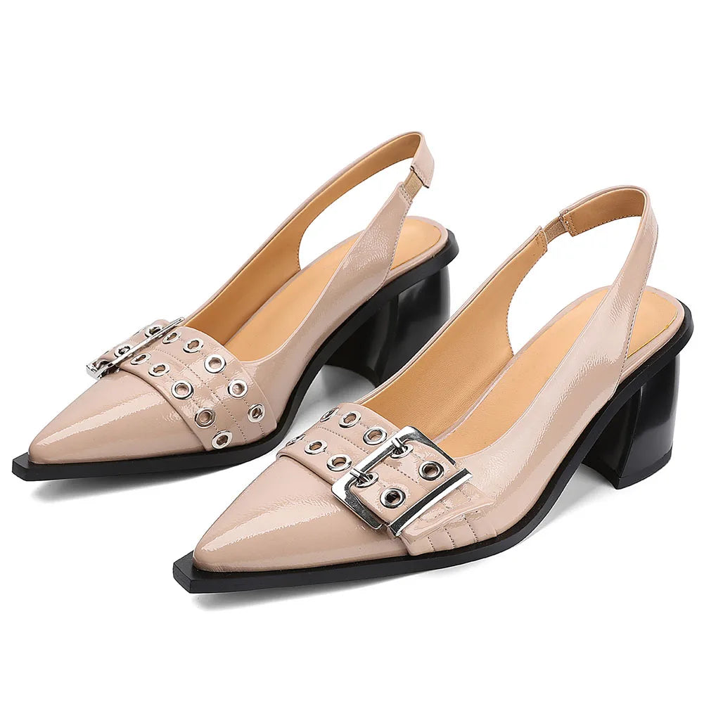 Women's Slingback Heels Block Chunky Heel Comfortable Pointed Toe Pumps Wide Metal Buckle Strap Office Party Dress Shoes Woman
