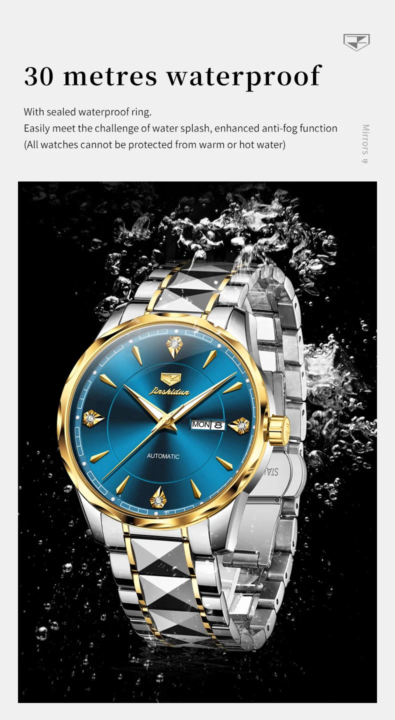 JSDUN High End Men's Watches Auto Calendar Week Tungsten steel Sapphire Mirror Automatic Mechanical Watch for Men Luxury Brand
