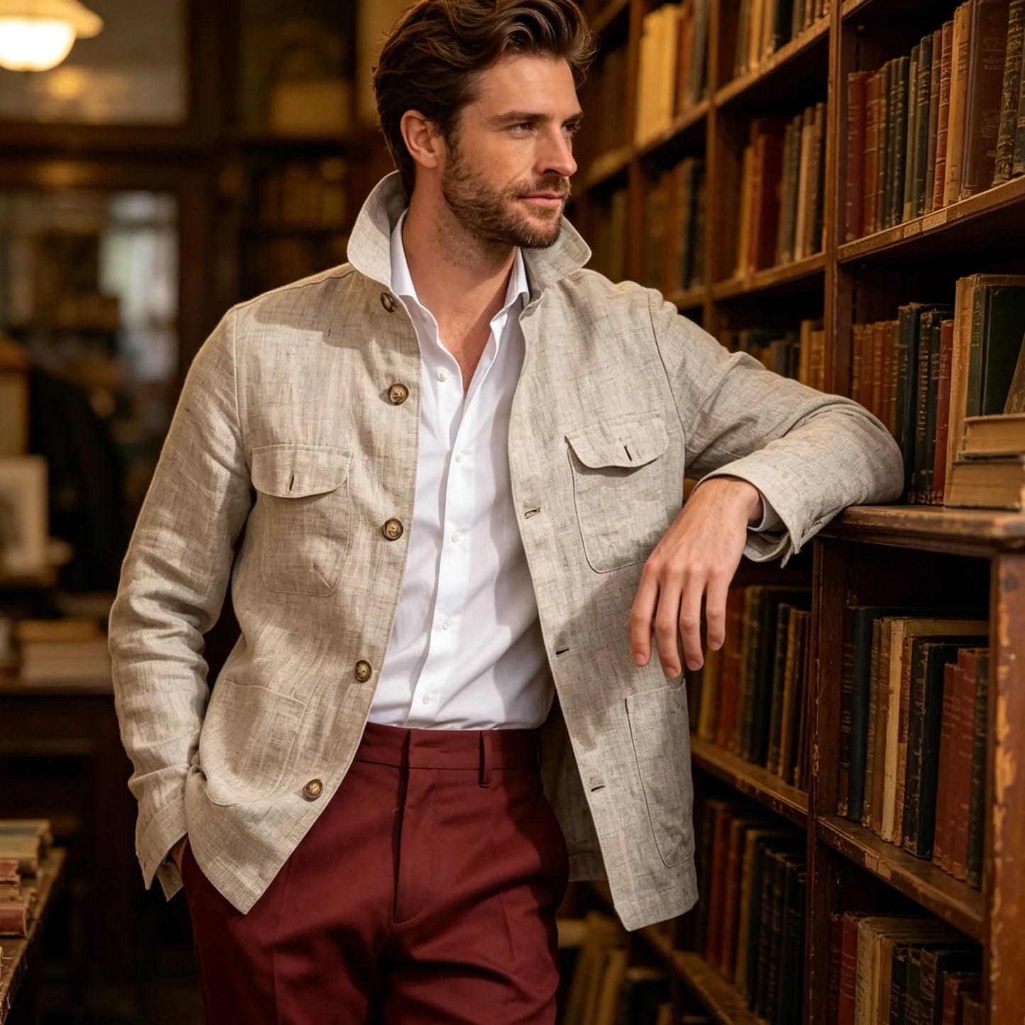 Men's Linen Safari Jacket Vintage Stand Collar Breathable Multi-Pocket Lightweight Casual Blazer Cotton Linen Blend For Summer