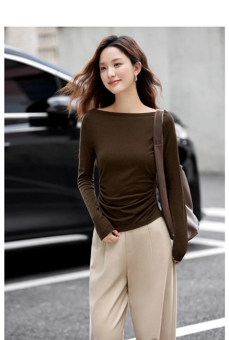 VIMLY Tops Woman 2026 Spring Fall Slash Neck Long Sleeve Ladies T-shirts Casual Knitted Slim Fit Strecth Female Tees A3039