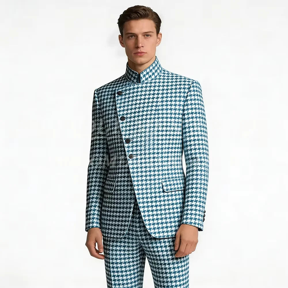 Elegant Men's Houndstooth Suit 2 Piece Mandarin Collar Slim Fit Fashion Jacket Pants Vintage Male Set For Formal Business Weddin