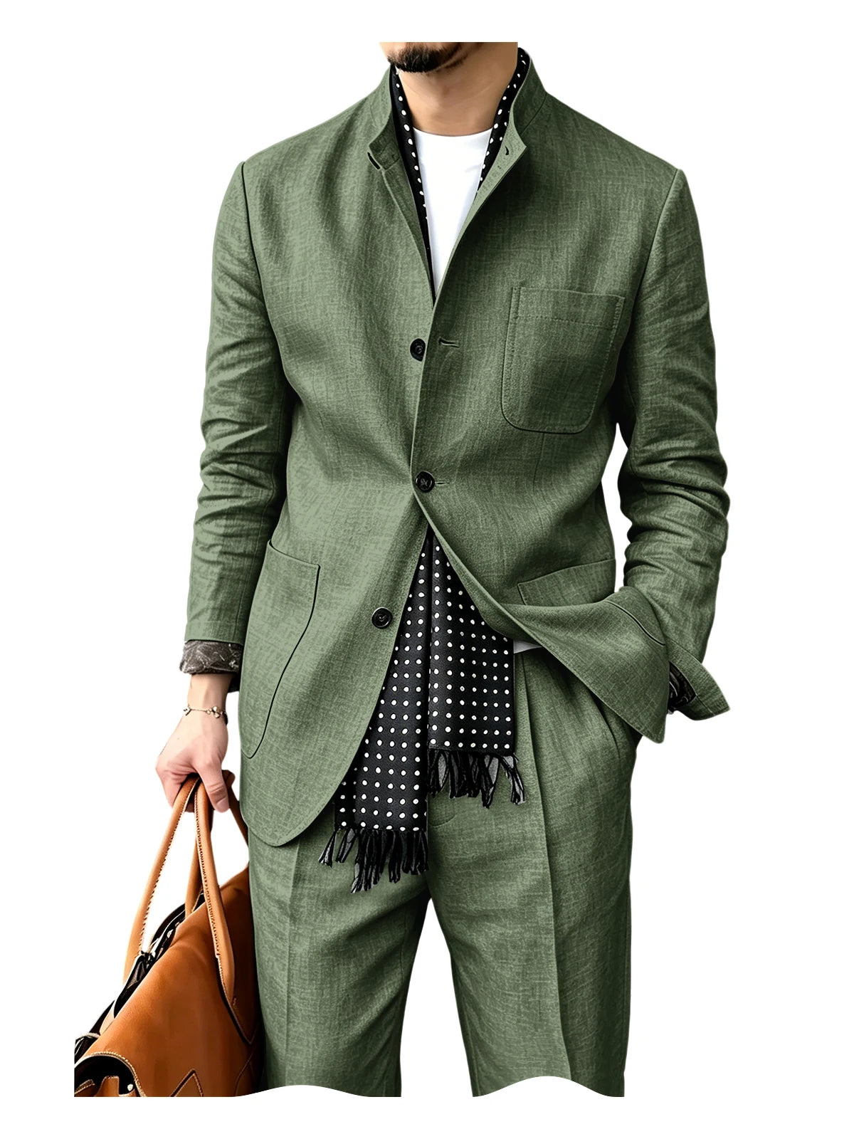 Men's Linen Blend 2 Piece Suit Set Stand Collar Three Button Breathable Casual Blazer Pants For Business Daily Wear Summer
