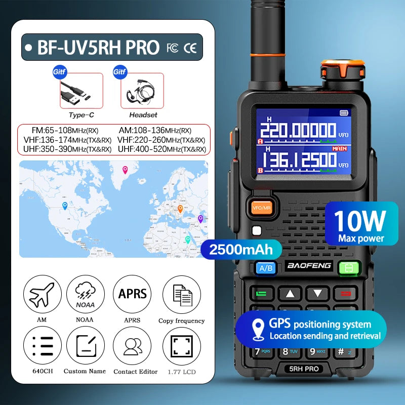 BAOFENG 5RH Pro GPS Handheld Radio Multi-Band USB-C Charging Radio Copy Frequency 640 Channels Walkie Talkie 10W High Power APRS