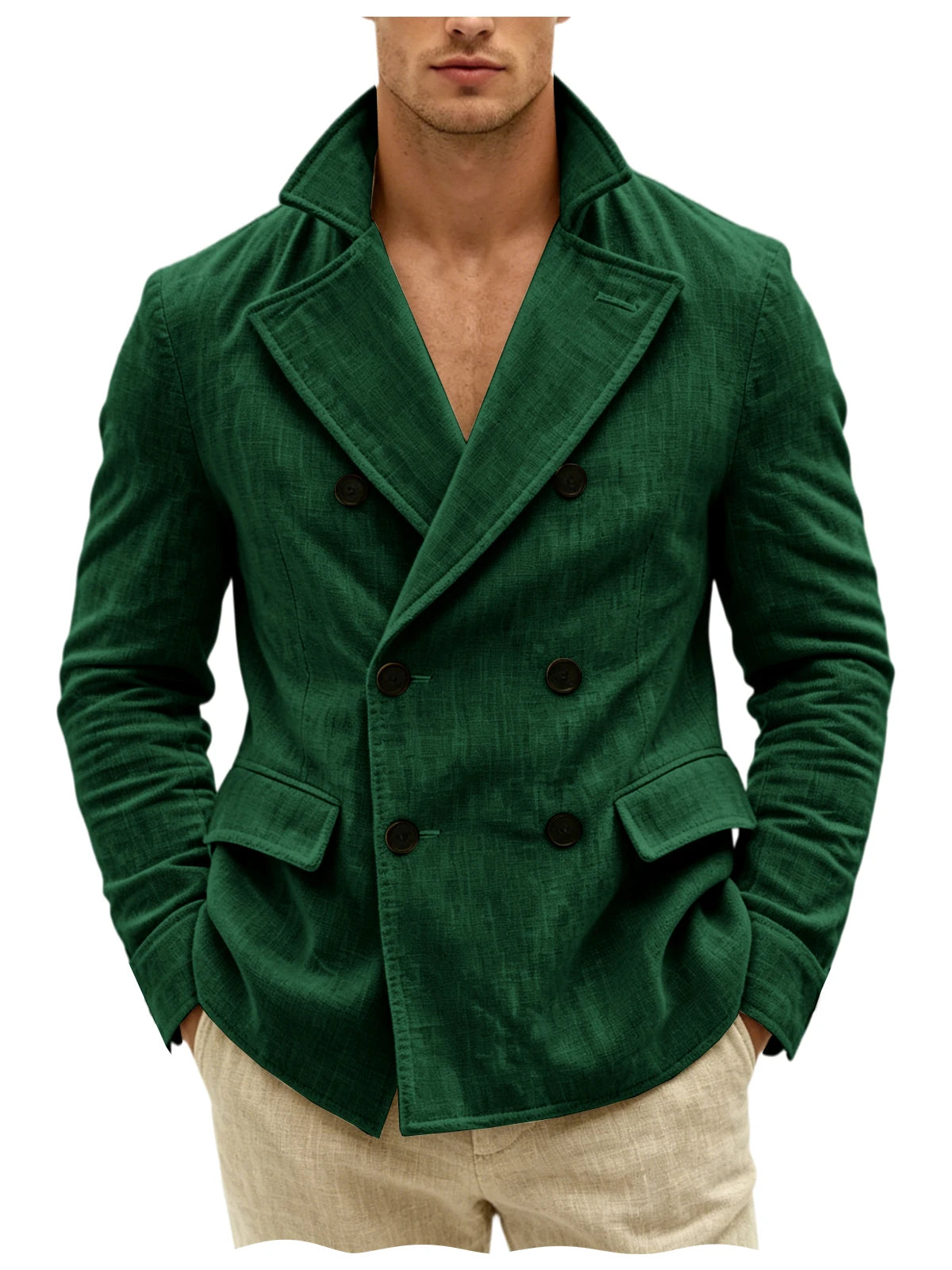 Men's Khaki Linen Blazer Double Breasted Peaked Lapel Lightweight Breathable Soft Cool Casual Formal Sport Coat For Summer Beach