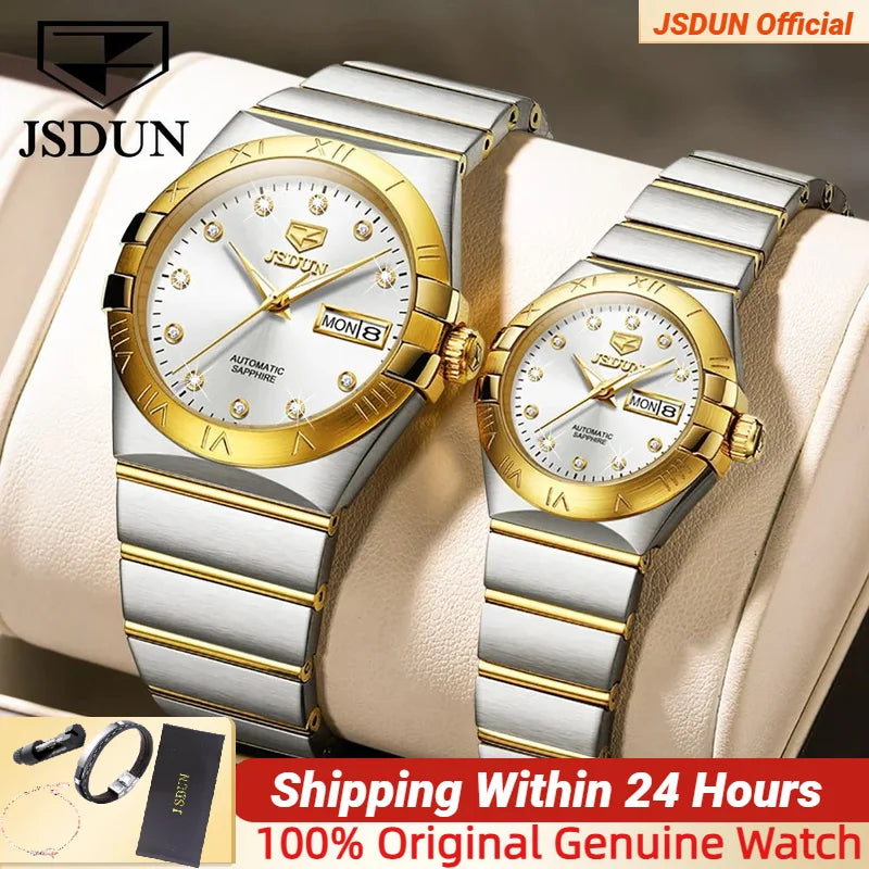JSDUN Automatic Couple Watches Japan Movement Sapphire Mirror 100M Waterproof Luxury Diamond Gold Watch Lover's Watch Set Gift