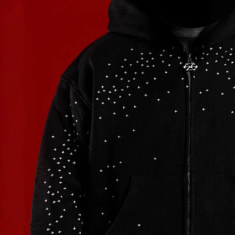 Black Gothic Zip-up Hoodie, A Streetwear Sweatshirt for Men and Women. A Casual Outerwear Perfect for All Seasons.