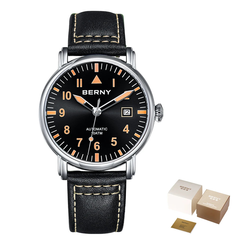 BERNY Aviation Automatic Watch Men Mechanical Luminous Army Military Classic Watch Sapphire Waterproof 100m Diver Wristwatch Men