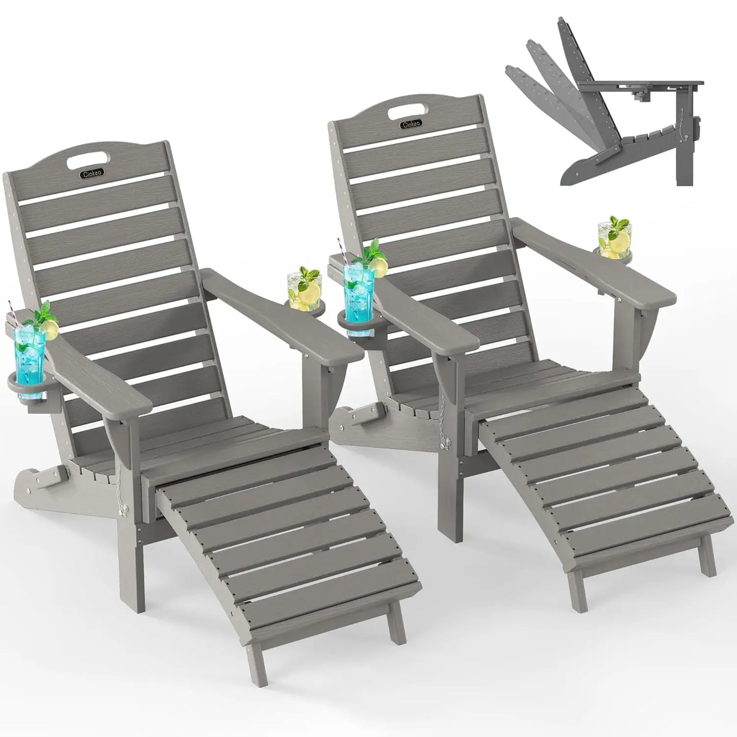 Folding Adirondack Chair Set of 2, Retractable Ottoman & Pull-Out Footrest, Weather Resistant for Fire Pit Lawn Outdoor , Custom