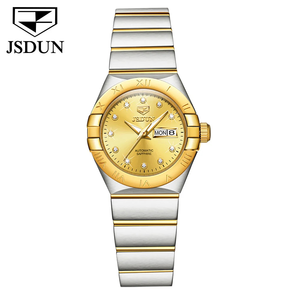 JSDUN Automatic Couple Watches Japan Movement Sapphire Mirror 100M Waterproof Luxury Diamond Gold Watch Lover's Watch Set Gift