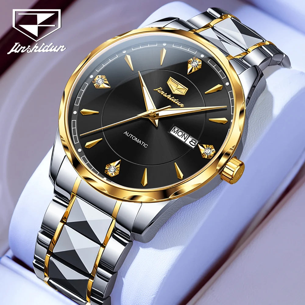 JSDUN High End Men's Watches Auto Calendar Week Tungsten steel Sapphire Mirror Automatic Mechanical Watch for Men Luxury Brand