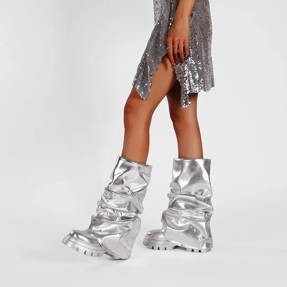 New Luxury Round Toe Chunky Heel Folding  Ladies Boots Fashion Street Shoot INS Metallic Nightclub Boots Woman
