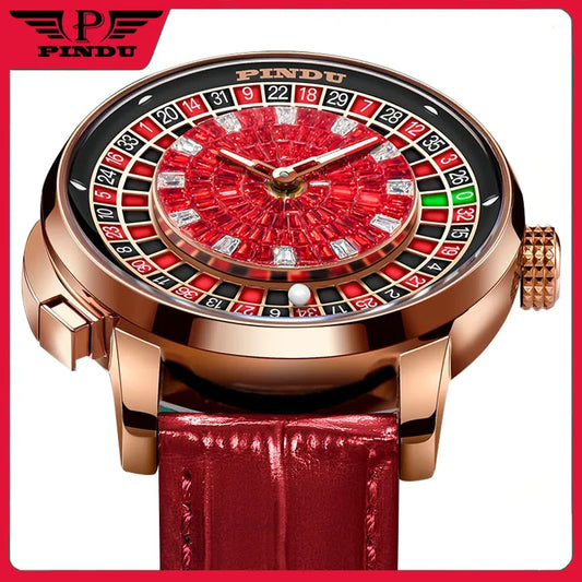 Fashion Business Noble Red PINDU Top Men's Mechanical Watch NH35A Push Button Gambling Table Roulette Game Watch Sapphire Watch