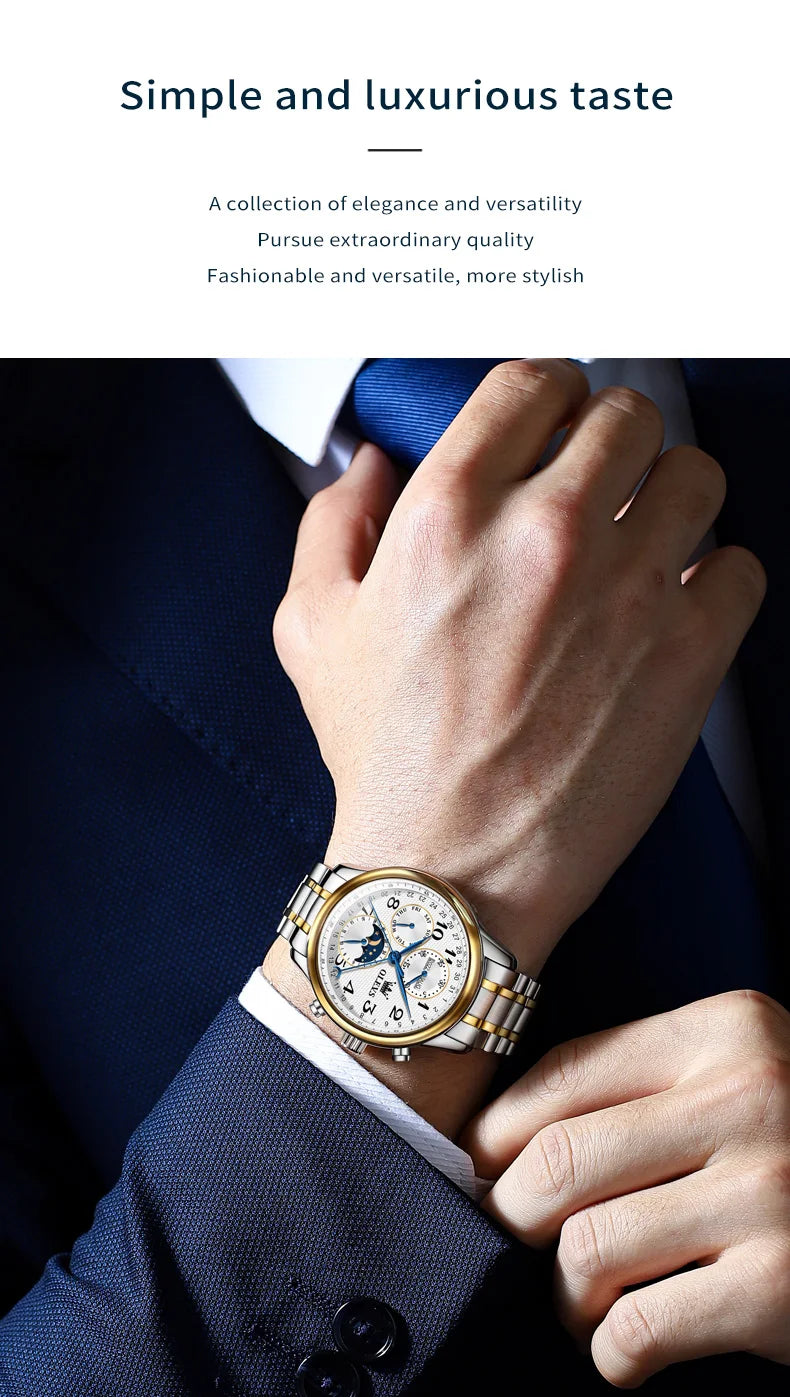 OLEVS Original Men's Automatic Wristwatch Moon Phase Calendar Waterproof Stainless Steel Leather Strap Mechanical Watch for Men