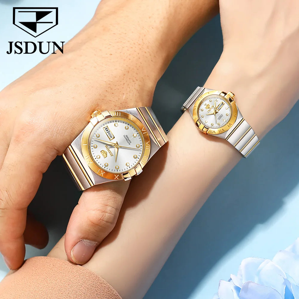 JSDUN Automatic Couple Watches Japan Movement Sapphire Mirror 100M Waterproof Luxury Diamond Gold Watch Lover's Watch Set Gift