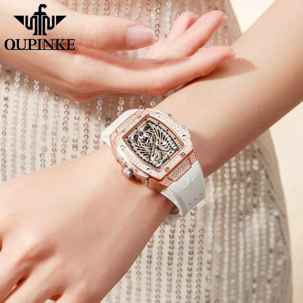 OUPINKE 3225 Women's Watch Luxury Brand All Diamond Automatic Mechanical Watch Classic Silicone Waterproof Elegant Women's Watch