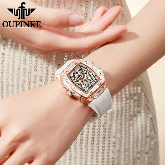 OUPINKE 3225 Women's Watch Luxury Brand All Diamond Automatic Mechanical Watch Classic Silicone Waterproof Elegant Women's Watch