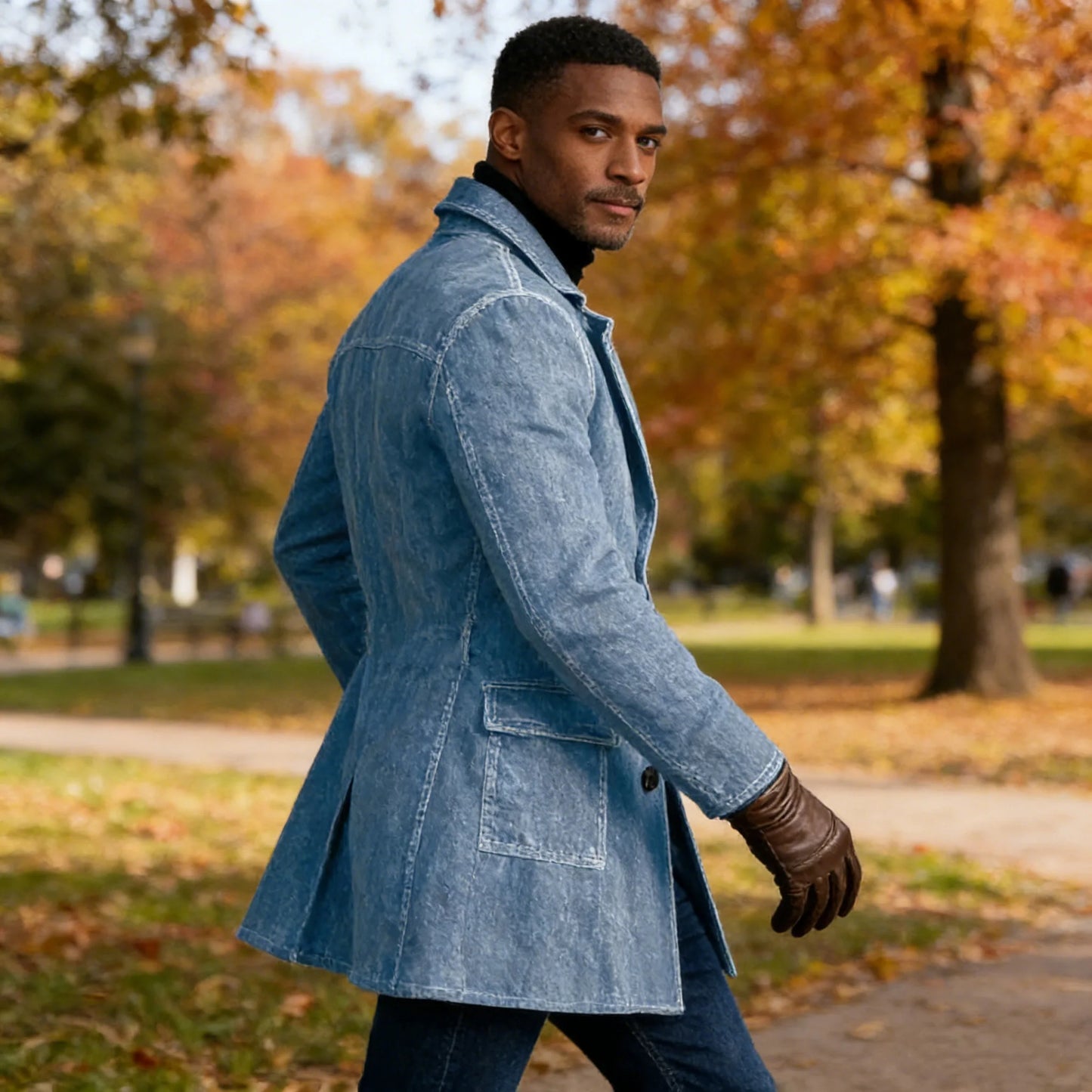 1940s Men's Washed Denim Trench Coat Mid Length Vintage Slim Fit Notched Lapel Faded Jean Coat For Business Casual Daily Wear