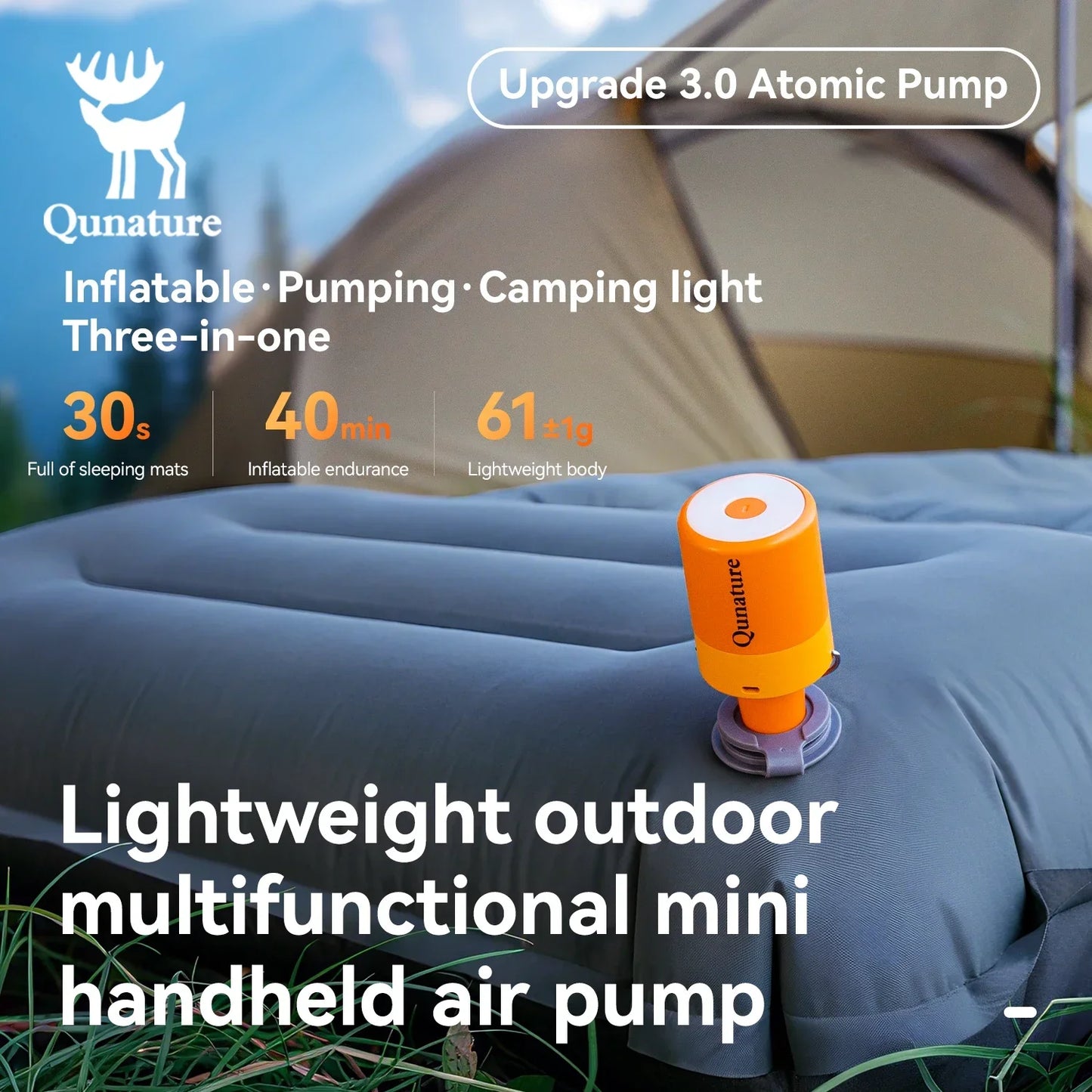 Qunature 3-in-1 Electric Air Pump Inflation Deflation Camping Light Lightweight Strong Air Pressure Mini  Air Mattress/Swim Ring