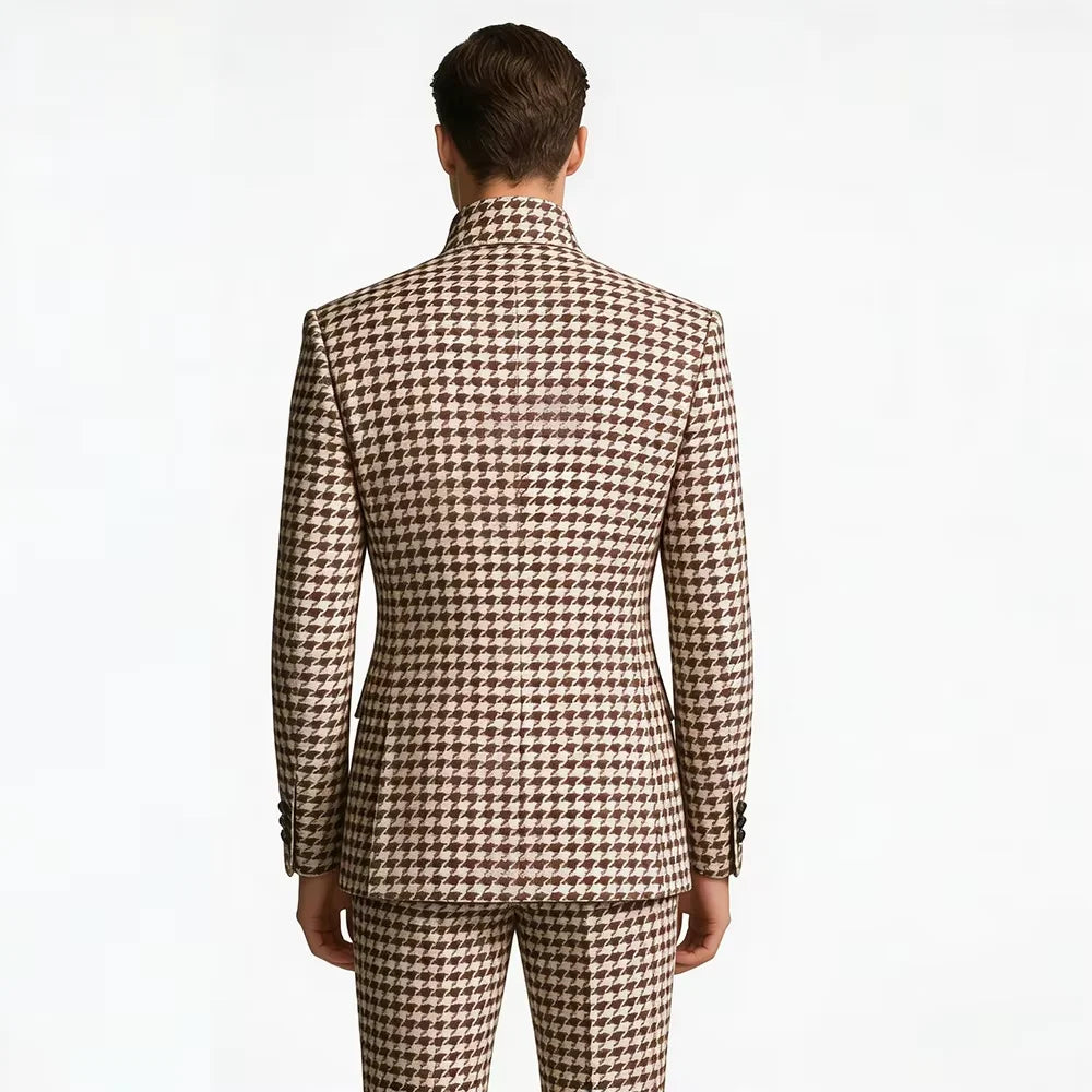 Elegant Men's Houndstooth Suit 2 Piece Mandarin Collar Slim Fit Fashion Jacket Pants Vintage Male Set For Formal Business Weddin