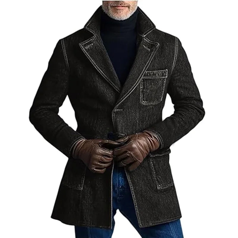 1940s Men's Washed Denim Trench Coat Mid Length Vintage Slim Fit Notched Lapel Faded Jean Coat For Business Casual Daily Wear