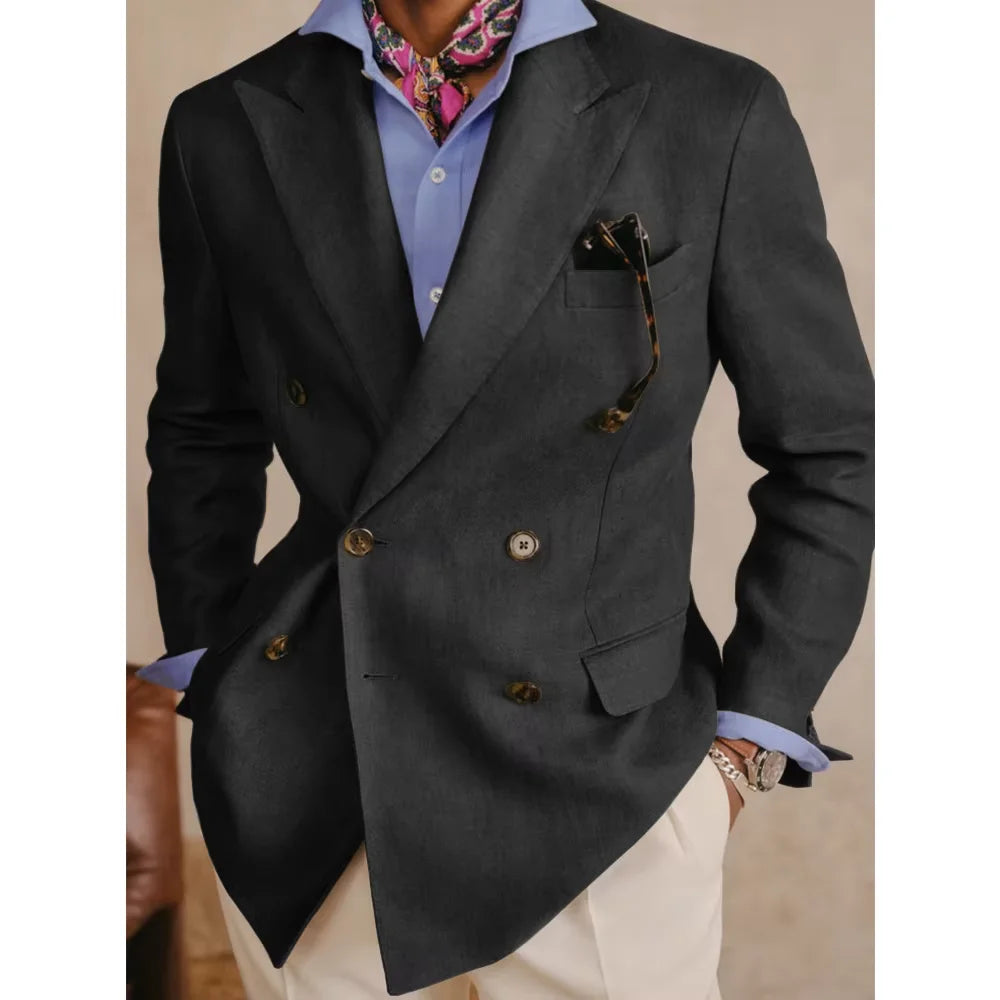 Men's Cotton Linen Blazer Vintage Double Breasted Slim Fit Peak Lapel Breathable Lightweight Summer Formal Jacket Business Casua