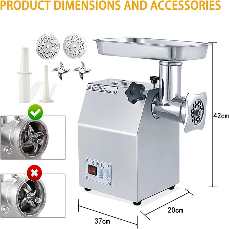 Commercial Meat Grinder, Stainless Steel Meat Grinder, 265lbs/H Electric Meat Grinder Heavy Duty with 2 Blades, 2 Plates