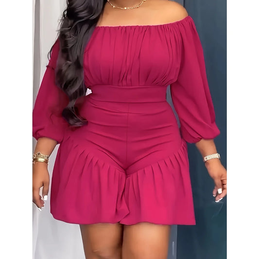 Rose Red Casual Off-the-shoulder Three-quarter Sleeve Ruffle Fitted Holiday Jumpsuit