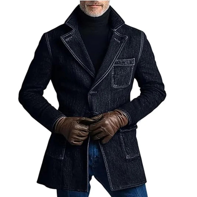 1940s Men's Washed Denim Trench Coat Mid Length Vintage Slim Fit Notched Lapel Faded Jean Coat For Business Casual Daily Wear