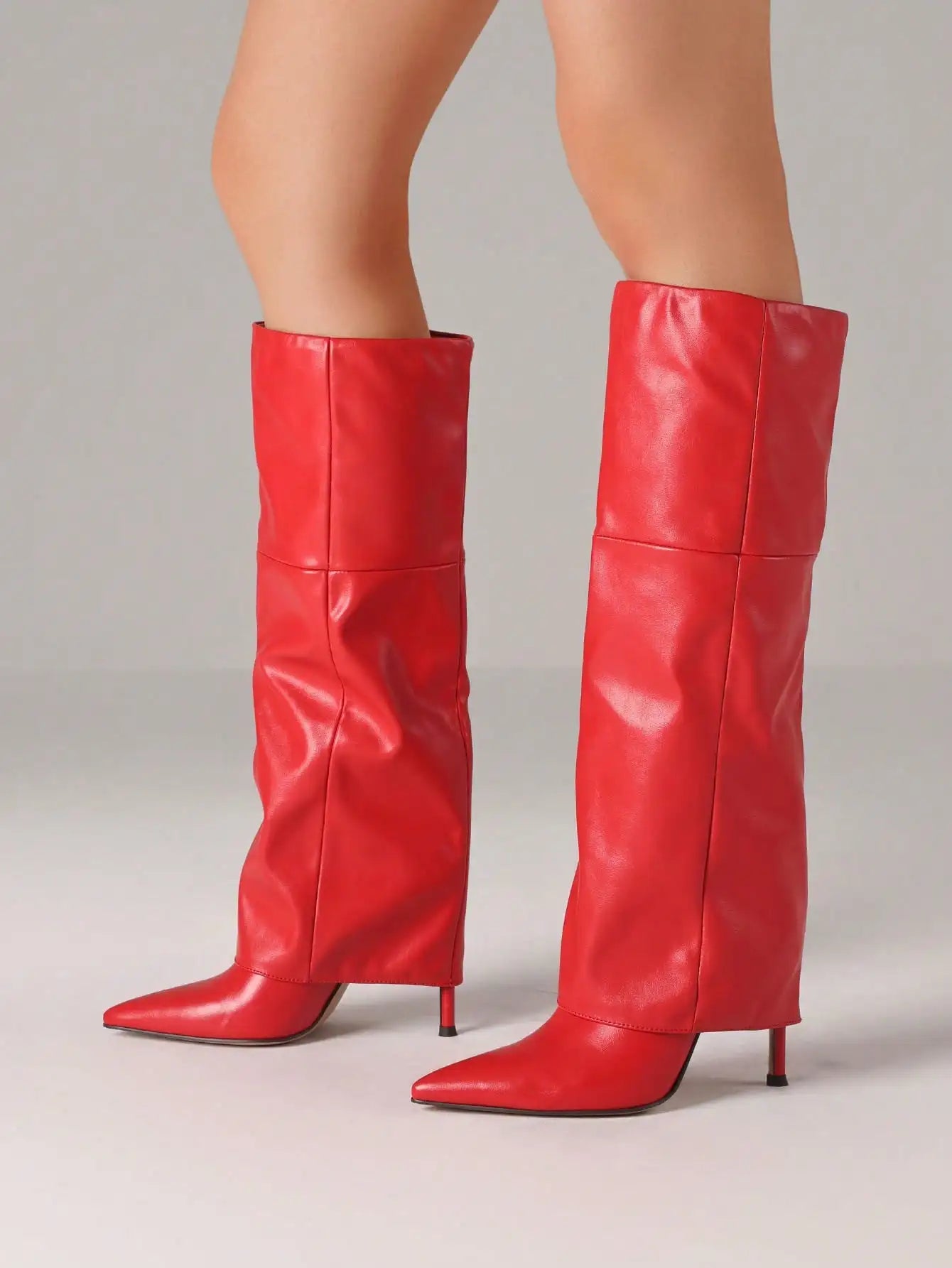 Women's Sexy Fold Over Knee High Shark Boots Fashion Pointed Toe Stiletto High Heels Pleated Party Dress Elegant Boots Woman