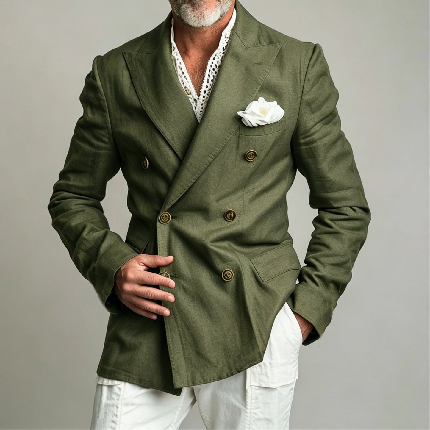 Men's Chic Peak Lapel Linen Blazer Double Breasted Slim Fit Formal Suit Jacket Summer Business Wedding Party Beach Daily Coat