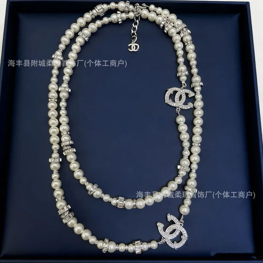 Xiaoxiangfeng Premium Pearl Double C Full Diamond Necklace Retro Fashionable and Versatile Premium Fragrant Grandma Pearl Chain