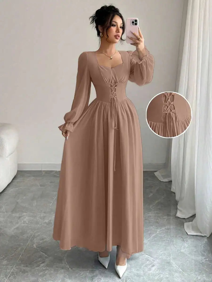 Elegant Blue Long Sleeve Maxi Dress with Corset Lace-Up Waist, Square Neck, Ruffled Cuffs for Spring Summer Events