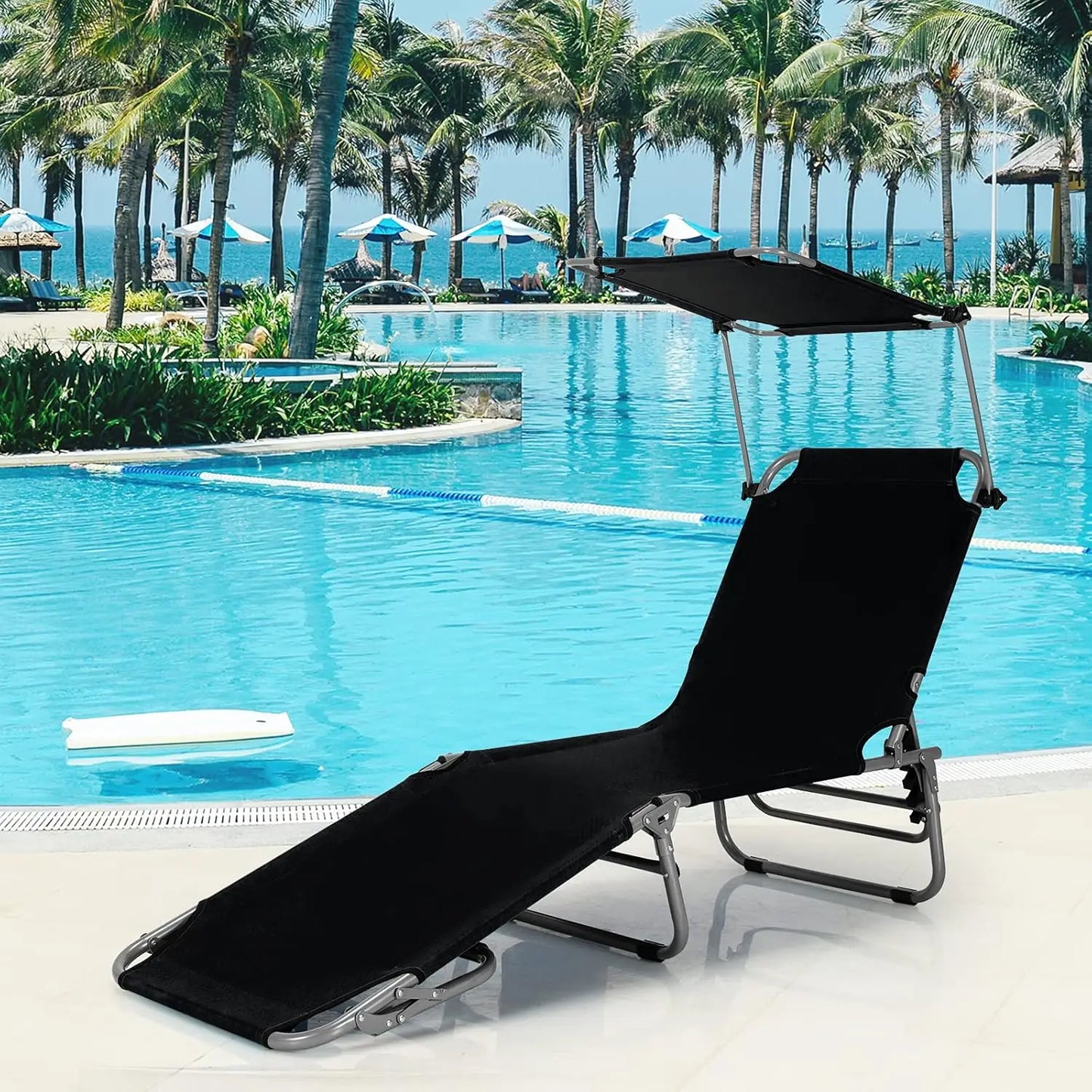 Beach Chair with Canopy Shade, Folding Tanning Lounge with Adjustable Backrest, Carry Handle & Side Pocket,, Customized