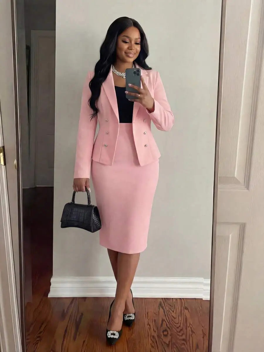 White Double-Breasted Blazer & Pencil Skirt Set for Office, Wedding, Cocktail Party - Plus Size Women's Two Piece Suit