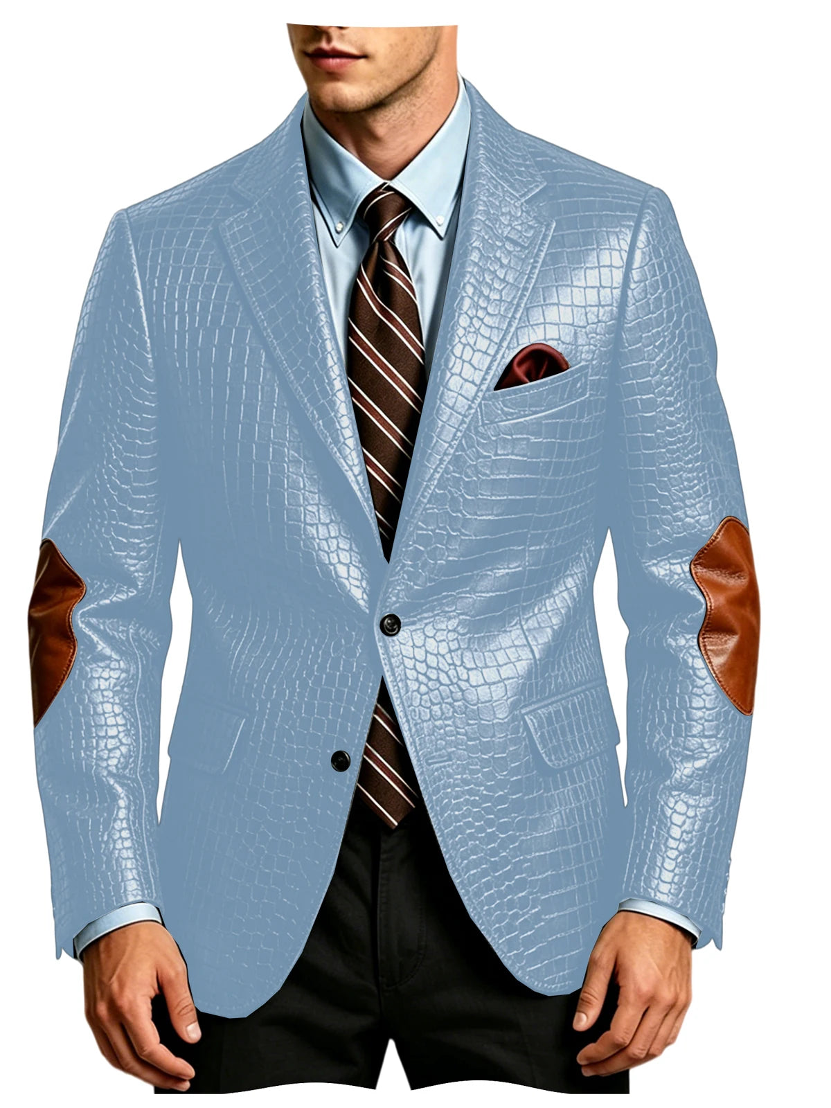 Luxury Men's Crocodile Embossed Leather Blazer Notched Lapel Elbow Patches 2 Button Slim Fit Jacket Business Casual For Wedding