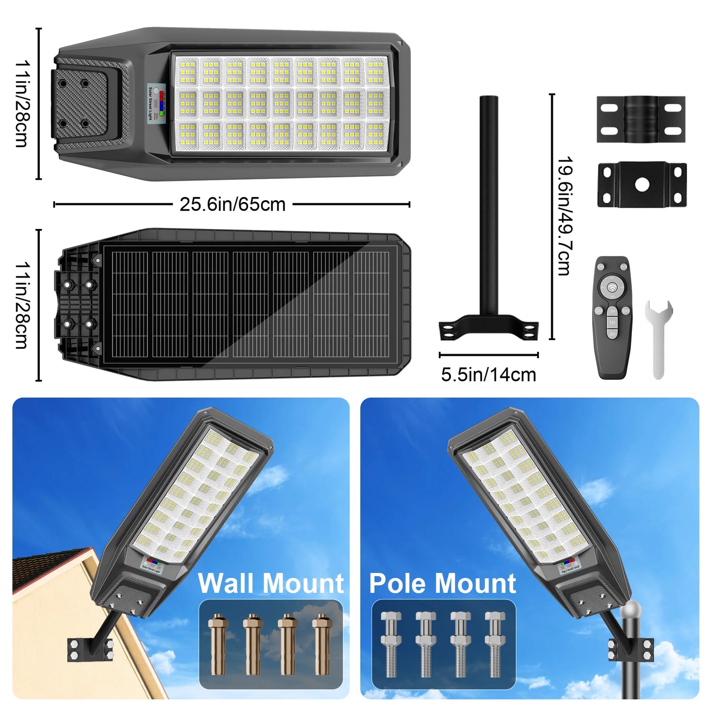 Outdoor waterproof solar light with motion sensor, timer, constant bright mode, dusk-to-dawn, for yard, parking lot, IP65