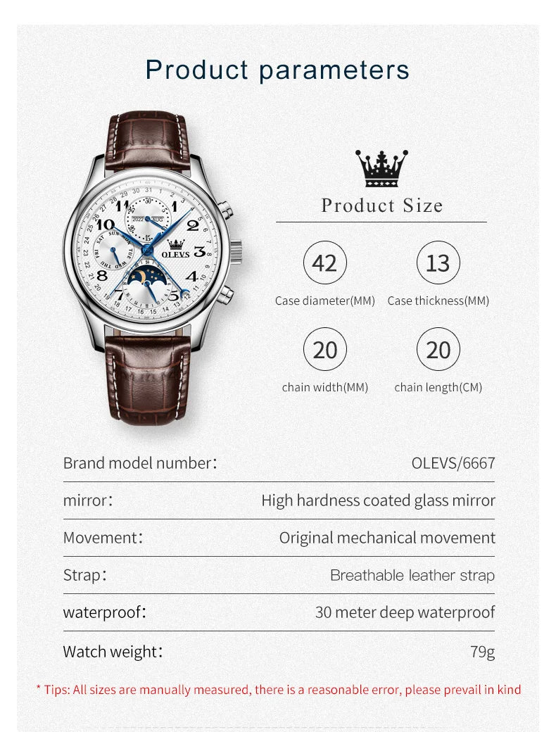 OLEVS Original Men's Automatic Wristwatch Moon Phase Calendar Waterproof Stainless Steel Leather Strap Mechanical Watch for Men