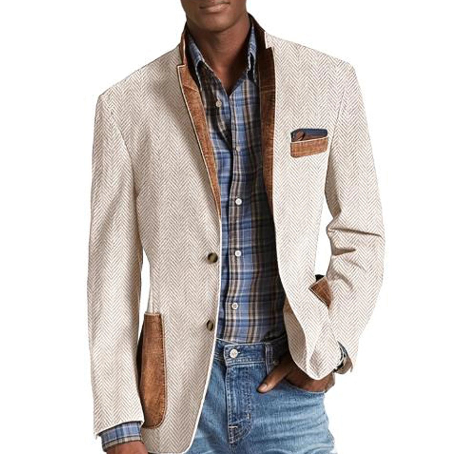 Vintage Men's Herringbone Blazer Casual Patchwork Suede Trim Notched Collar Suit Jacket Slim Fit Fashion Business Sport Coat